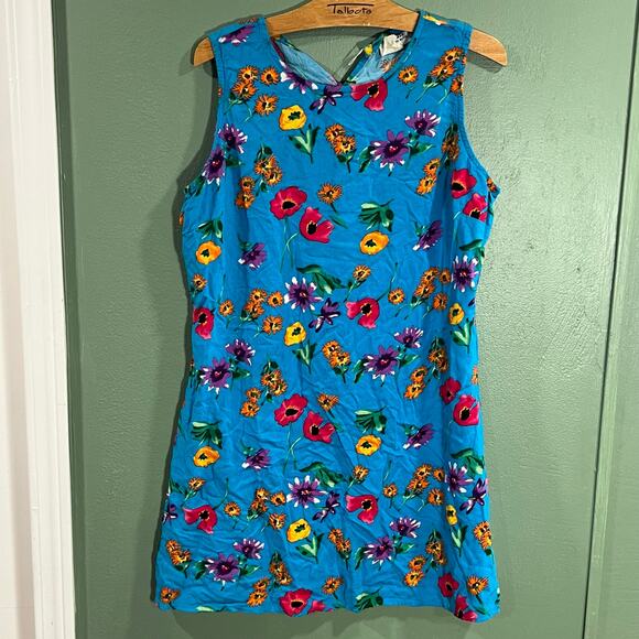 Sostanza Vintage Floral Dress M Bright Blue Sleeveless 90s Rayon Sundress - Picture 5 of 11